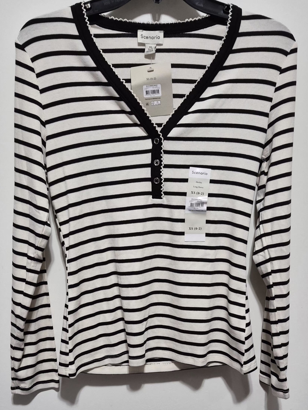 Scenario SN LS Striped Henley Striped Long Sleeve Top White & Black XS
